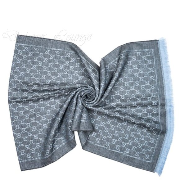 NEW GUCCI Grey Blue Wool GG Monogram Reversible Stencil Scarf $520 Authentic - Picture 9 of 12